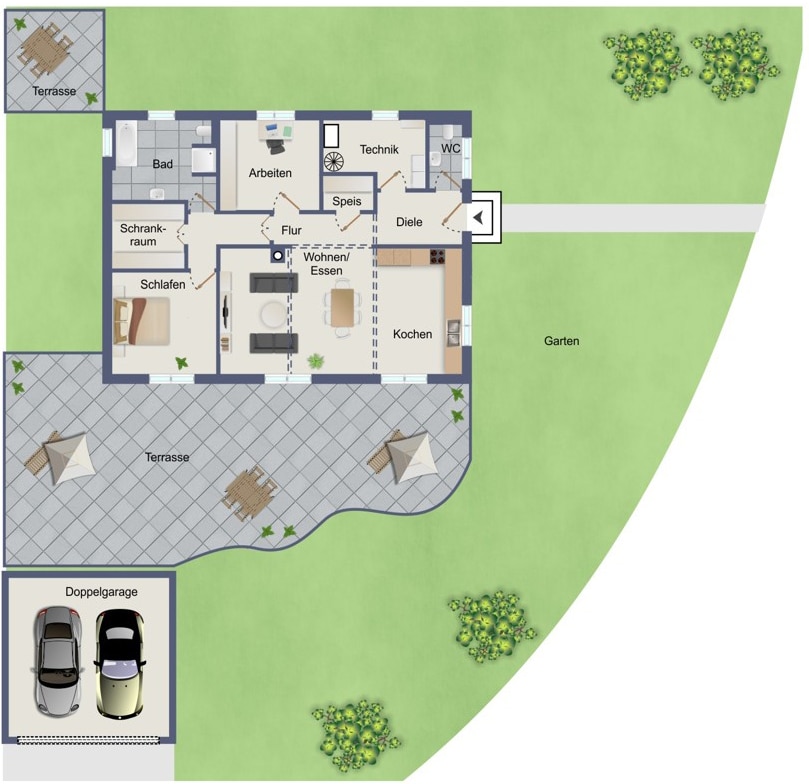 GRUNDRISS - Direkt verliebt! Neuwertiger & stilvoller Bungalow mit Sundowner Blick aus der ersten Reihe