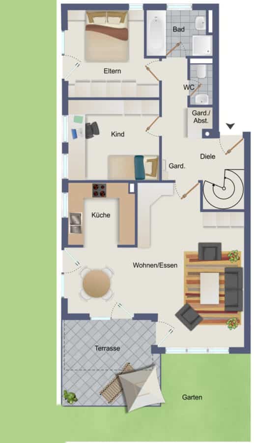 Traumhafte Terrassenwohnung mit 190m² Garten im Herzen von München - GRUNDRISS EG